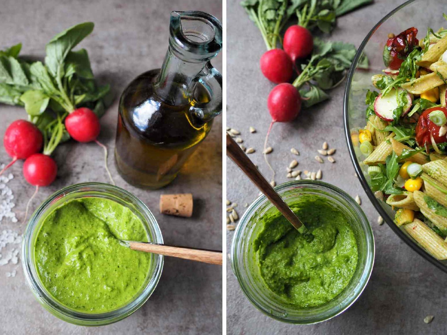 Rezeptidee Verwendung Radieschenblätterpesto: Frühlings-Nudelsalat