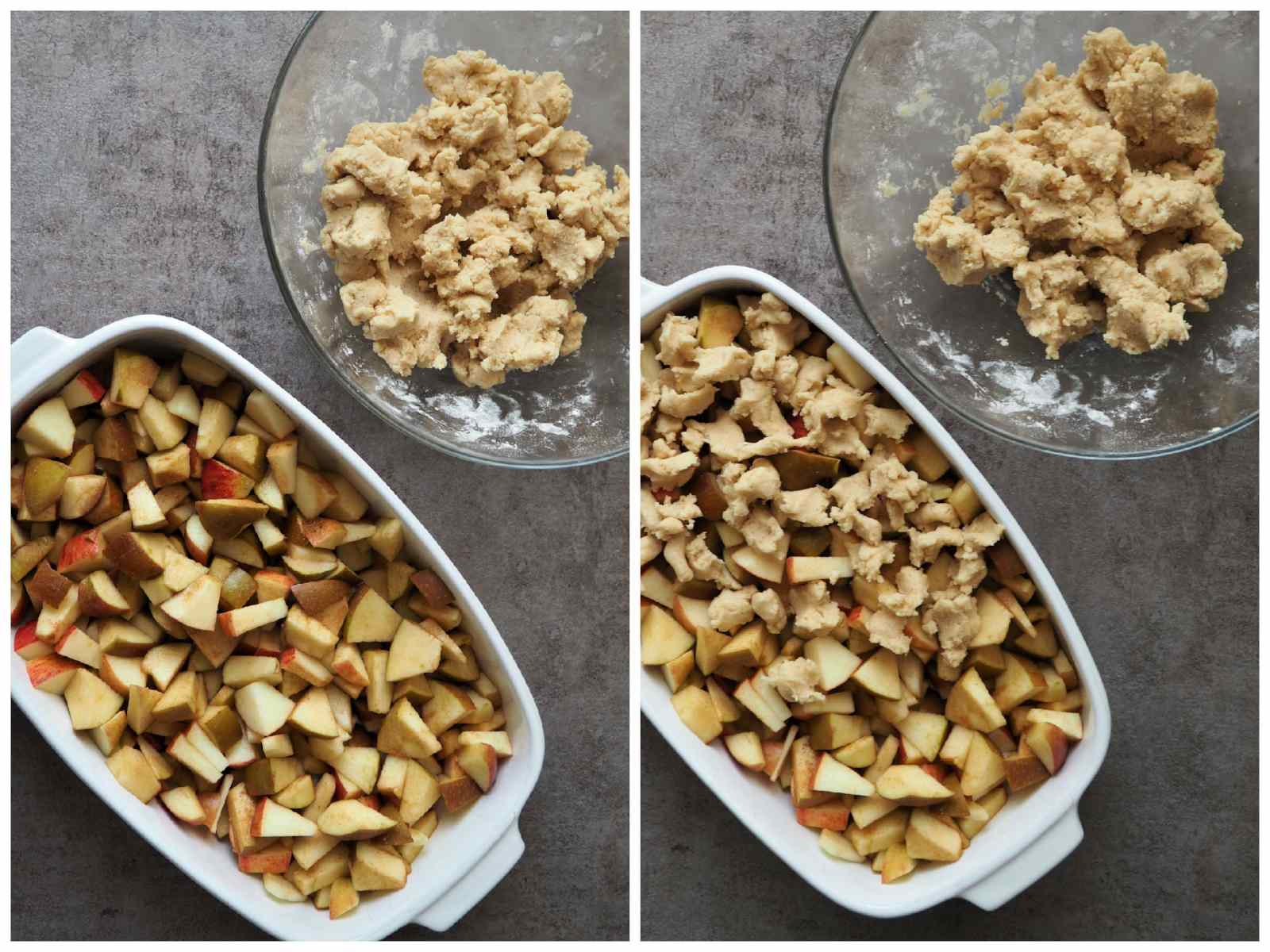 Streusel werden über veganen Apfel-Crumble gegeben