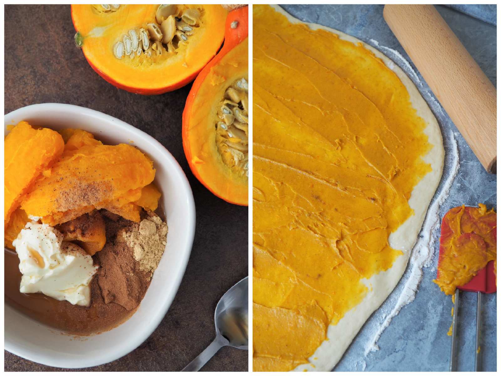 Pumpkin Spice Rolls / Kürbisschnecken Kürbisfüllung Zutaten und verteilt auf Hefeteig