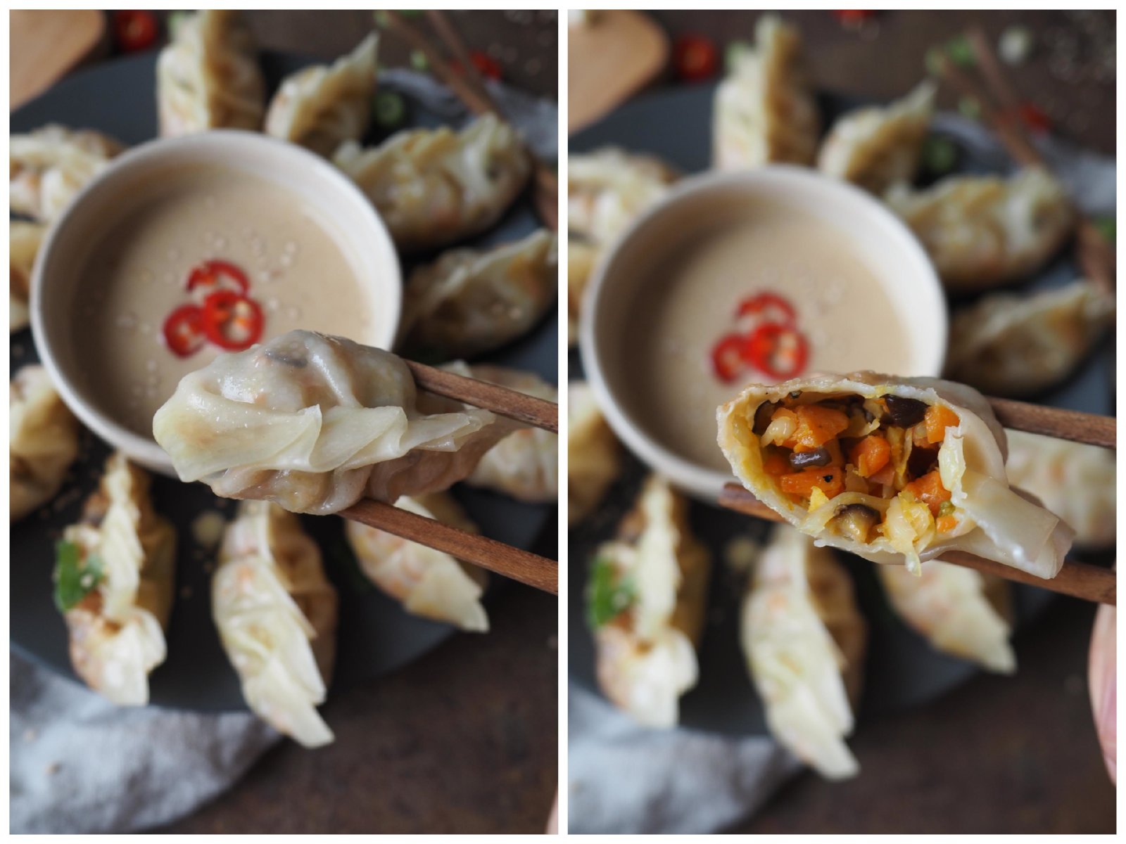 Vegane Dumplings – Gyoza mit Kohl-Shiitake-Füllung Angebissen