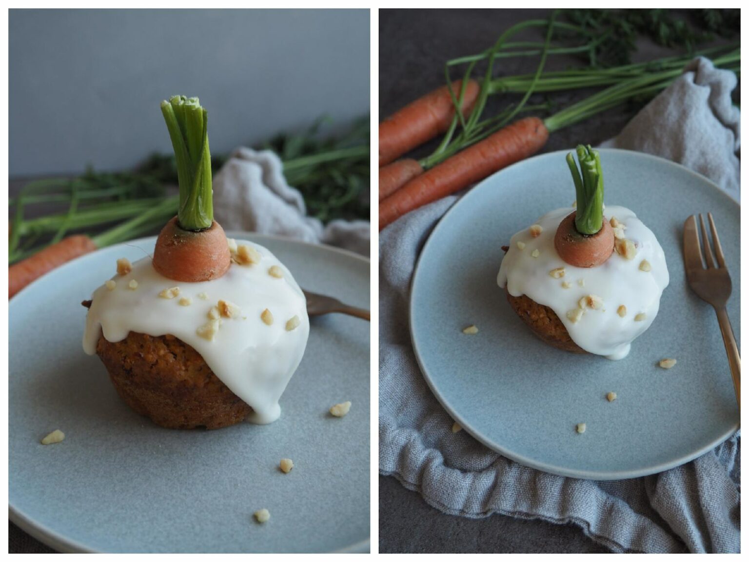 Saftige vegane Möhren-Muffins mit Frosting • Grüner Zucker