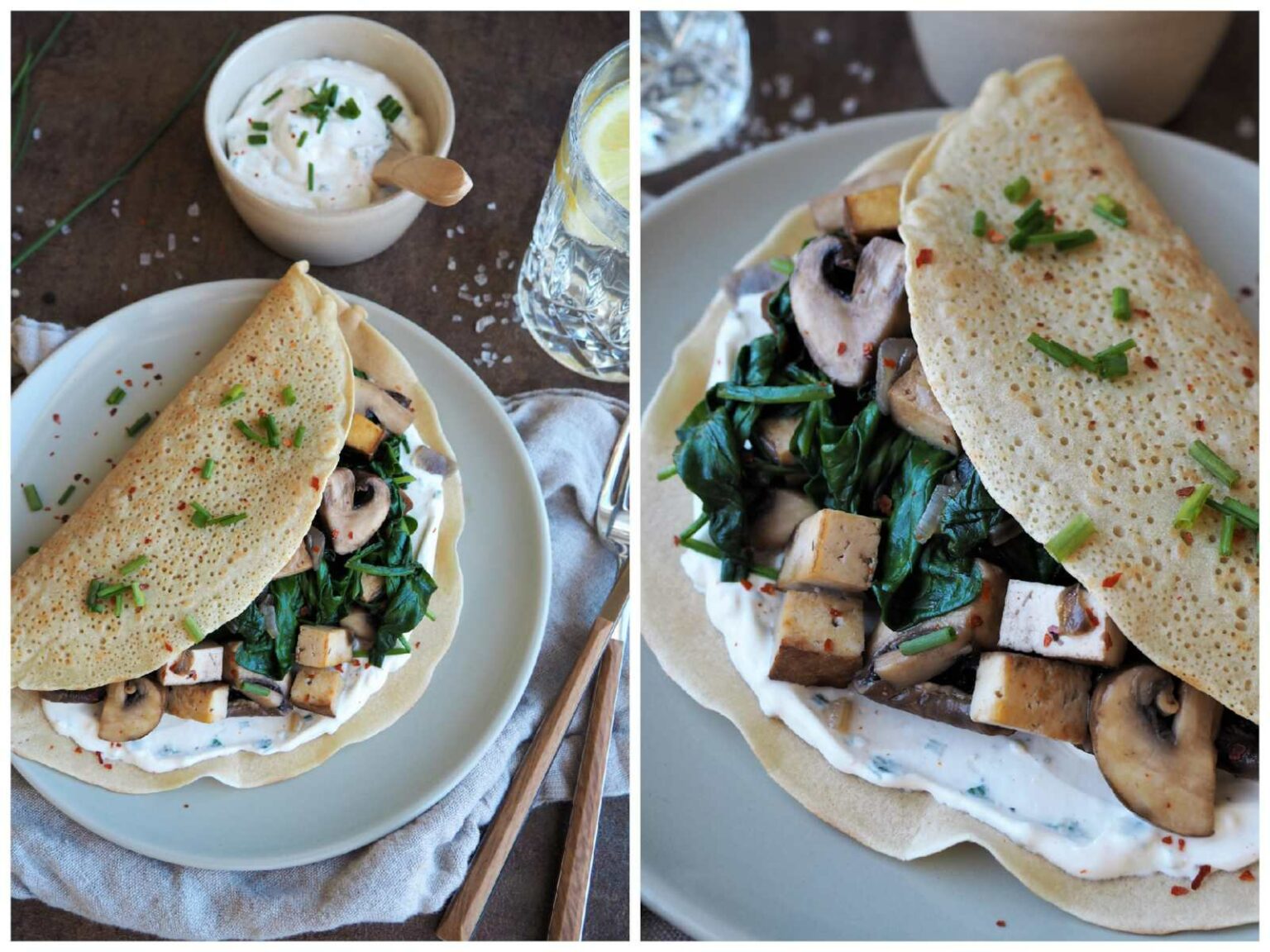 Herzhafte vegane Pfannkuchen mit Champignon-Spinat-Füllung • Grüner Zucker