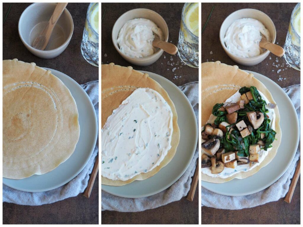 Herzhafte vegane Pfannkuchen mit Champignon-Spinat-Füllung • Grüner Zucker